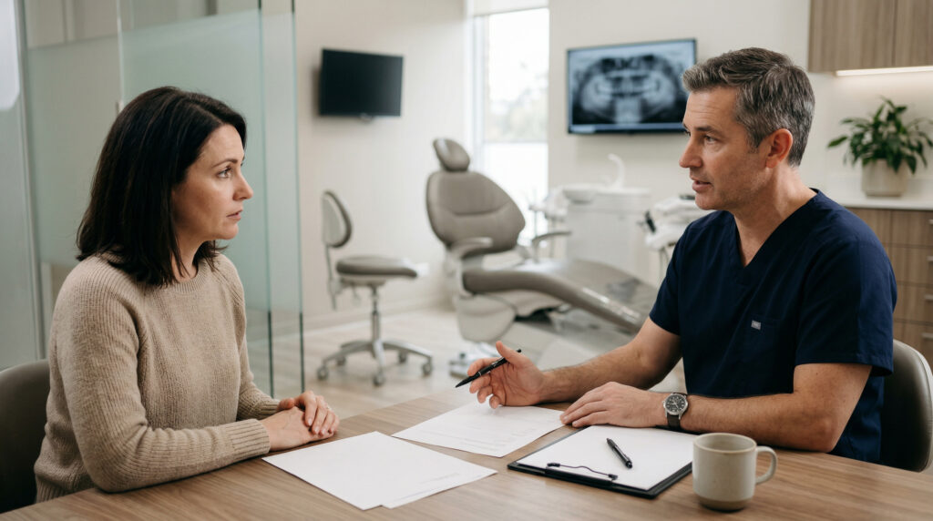 Dentista conversa com paciente em clínica odontológica, ilustrando comunicação e relação profissional no atendimento
