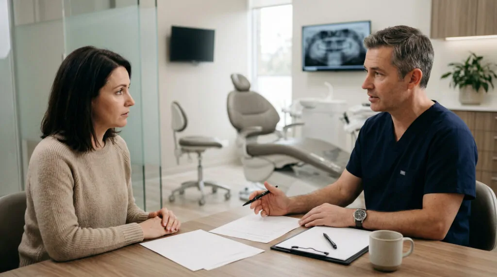 Dentista conversa com paciente em clínica odontológica, ilustrando comunicação e relação profissional no atendimento