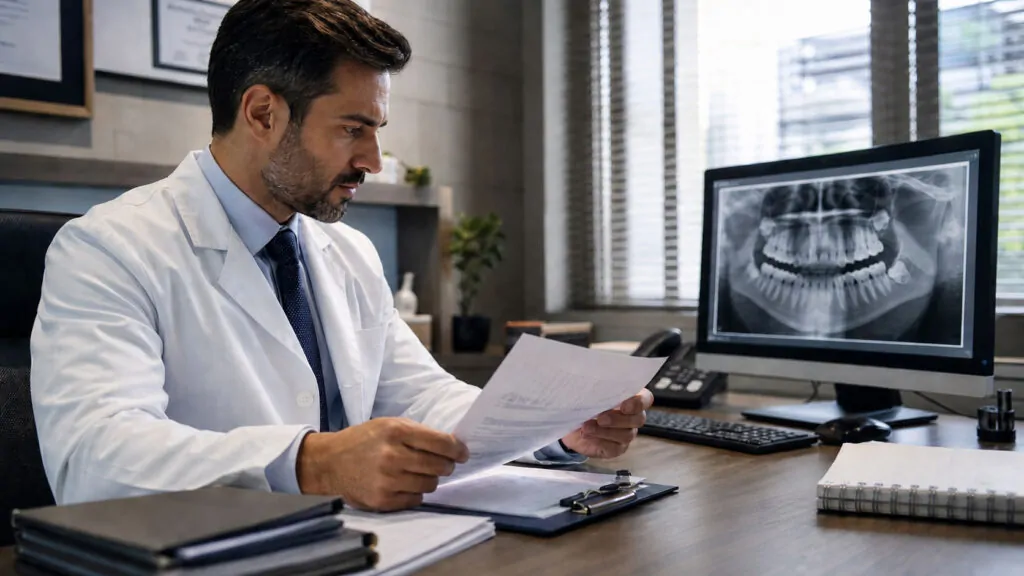 Dentista analisa documentos clínicos ao lado de radiografia odontológica em consultório
